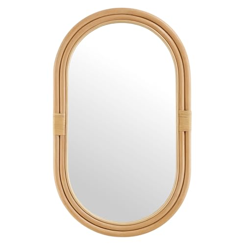 Modway Corsica Oval Rattan Wall Mirror in Natural with Natural Frame – Boho Coastal Hanging Accent Mirror for Bathroom, Bedroom, or Entryway
