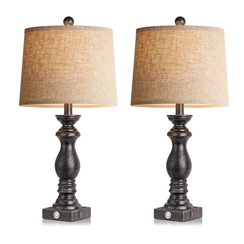 24.5" Table Lamp Set of 2, Rustic Farmhouse Bedside Lamps with USB A+C Charging Ports, 3-Way Dimmable Touch Control Nightstand Lamps for Living Room Bedroom, Antique Black, LED Bulbs Included - color: Antique Black