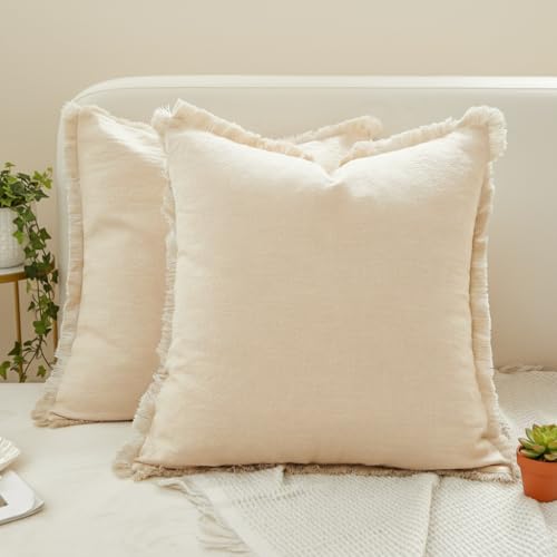 Sunday Praise Set of 2 Linen Fringe Decorative Pillow Covers 20x20 Inch Farmhouse Accent Boho Throw Pillow Cases with Tassels Cozy Soft Square Cushion Covers for Couch Sofa Bed Home Decor,Beige - color: Beige, size: 20" x 20" (Pack of 2)