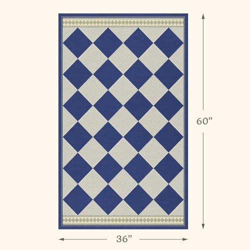 Checkered Easy Jute 3x5 Navy Blue Indoor Outdoor Rugs for Entryway, Washable Non Slip Diamond Boho Coastal Rug for Porch, Modern Minimalist Front Door Mat, Kitchen, Bathroom and Balcony Carpet - color: Blue, size: 3' x 5' (Rectangular)