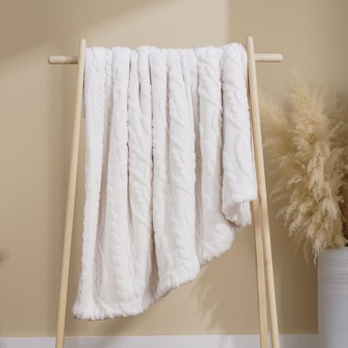 EverGrace Classic Cable Jacquard Sherpa Fleece Throw Blanket for Couch, Soft Cozy Fuzzy Plush Blankets for All Seasons, Reversible Thick Warm Blanket for Bed, Sofa, Bleach White, 50" x 60" - color: Bleach White, size: 50x60 Inches
