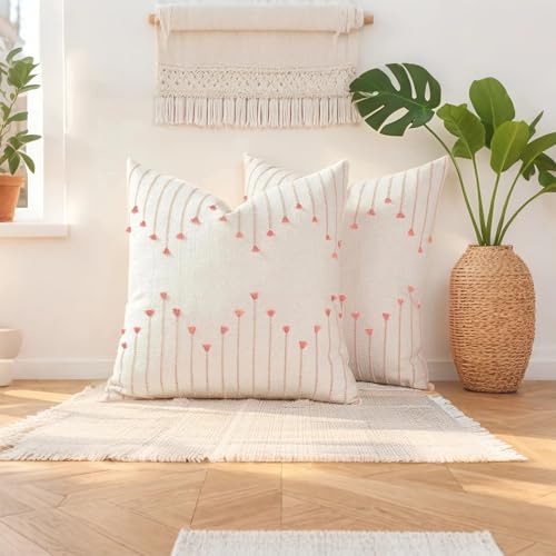 ZONYO Boho Throw Pillow Covers 20x20 Set of 2, Textured Woven Cotton Decorative Cushion Covers with Fringe Tassel, Fade Resistant Washable for Couch Sofa Bed Patio, Outdoor Farmhouse Decor, Pink - color: Pink, size: 20" x 20" (Pack of 2)