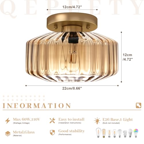 Amber Semi-Flush Mount Ceiling Light, Mid-Century Small Ceiling Light Fixture, E26 Base 1-Light Gold Ceiling Lamp for Kitchen Bathroom Hallway Bedroom Entryway - color: Small, 8.66" Amber