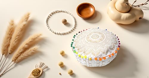 ICC Floor Pillows & Cushion covers Decorative Hippie Mandala Pouf Pillow covers Seating Meditation Cushion Cover Large Boho Ottoman Case Pillowcase Couch White Gold Ombre 16" Round - color: White Gold, size: 16"D x 16"W x 5"H