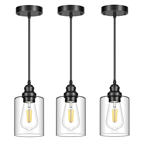 Licperron 3 Pack Hanging Pendant Lighting Fixtures, Adjustable Black Hanging Ceiling Lamp with Clear Glass Shade, Modern Pendant Light for Kitchen Island, Dining Room, Bedroom, Hallway - size: 3-Pack