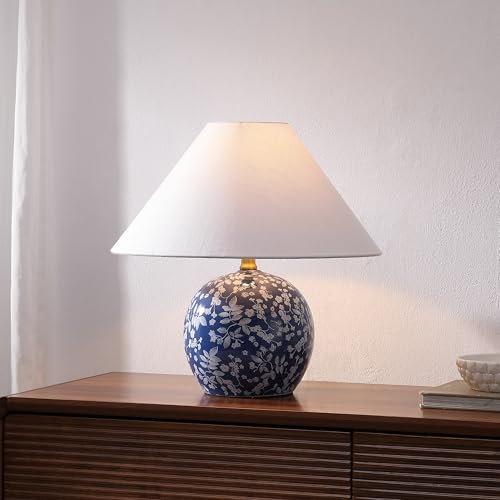 JONATHAN Y 17.25" Blue/White Modern Cottage Floral Ceramic Globe Table Lamp for Bedroom, White Linen Shade, LED Bulb Included, French Country Home Decor JYL5508A - color: Blue/White