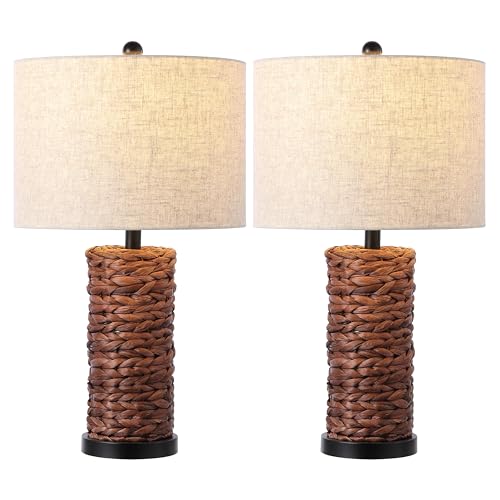 JONATHAN Y 25" Dark Brown Coastal Water Hyacinth Table Lamp Set of 2, Bedside Lamp with Light Grey Linen Shade, Boho Farmhouse Decor for Living Room Nightstand, LED Bulbs (JYL6502B-SET2) - color: Dark Brown