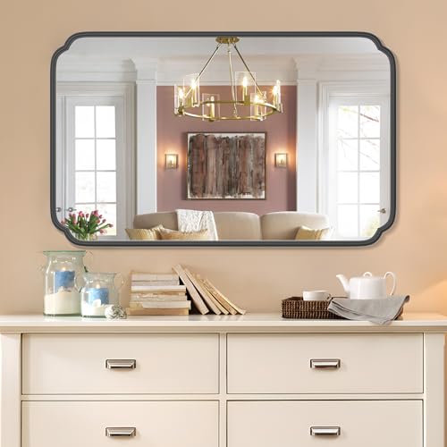 Ferytange White 30"x48" Bathroom Mirror for Wall, Large Bathroom Vanity Mirror, Rounded Rectangle Mirror in Wooden Frame Hangs Horizontal Or Vertical - color: Black, size: 48"L x 30"W