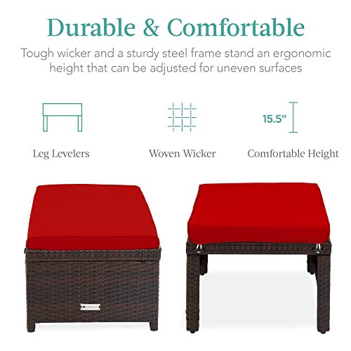 Best Choice Products Set of 2 Wicker Ottomans, Multipurpose Outdoor Furniture for Patio, Backyard, Additional Seating, Footrest, Side Table w/Removable Cushions, Steel Frame - Brown/Red - color: Brown/Red