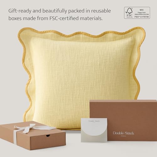 Double Stitch Scalloped Throw Pillow Covers - 100% Cotton Set of 2 Decorative Boho Pillow Covers 20 x 20, Made in India, Square Cushion Case, Modern Home Decor for Couch Sofa, Lemon Yellow - color: Lemon Yellow, size: 20" x 20" (Pack of 2)