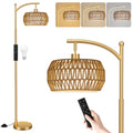 Ambimall Arc Floor Lamp for Living Room with Remote, Color Temperature & Brightness Adjustable, Bohemia Standing Lamp with Rattan & Fabric Double Drum Shades, Bulb Included(Gold) - color: Gold Bohemian