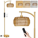 Ambimall Arc Floor Lamp for Living Room with Remote, Color Temperature & Brightness Adjustable, Bohemia Standing Lamp with Rattan & Fabric Double Drum Shades, Bulb Included(Gold) - color: Gold Bohemian