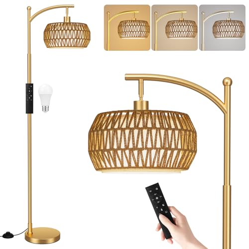 Ambimall Arc Floor Lamp for Living Room with Remote, Color Temperature & Brightness Adjustable, Bohemia Standing Lamp with Rattan & Fabric Double Drum Shades, Bulb Included(Gold) - color: Gold Bohemian