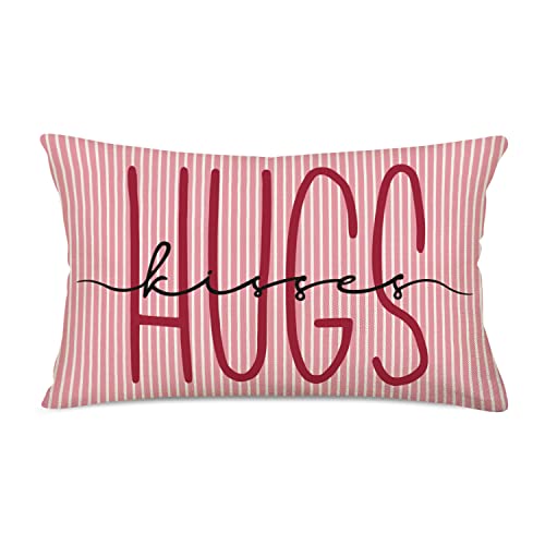 Happy Valentine’s Day Pink Stripes Throw Pillow Cases Hugs Kisses Love Saying Pillow Covers 12x20 Inch Holiday Wedding Anniversary Home Decor Cushion Cover for Sofa Couch - color: Pink Hugs Kisses