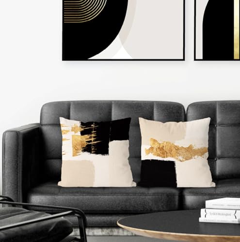 Black Beige and Gold Abstract Pillow Covers 22x22 Double-Sided, Mid Century Modern Decorative Throw Pillow Covers for Living Room Bedroom, Modern Home Decor, Black and Gold Decor, Set of 2 - color: Black Beige Gold, size: 22" x 22" (Pack of 1)