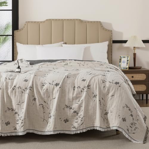 Lemfux 4-Layer 100% Cotton Muslin Cooling Blanket, Boho Floral Gauze Throw with Fringe, Ultra Soft Breathable Lightweight Bedspread Coverlet for Bed Sofa Couch (White-Dark Grey Floral, 80"x90") - color: White-dark Grey Floral, size: 80"x90"
