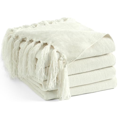 Chenille Throw Blanket for Couch 50"X 60", Soft Cozy Throws with Fringe Tassel for Bed Sofa Chair Cover, Lightweight Knitted Decorative Boho Blankets for Living Room, Ivory White - color: Ivory White, size: 50x60 inch