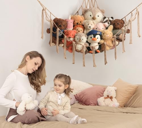 Stuffed Animal Storage Hammock or Net Corner - Large Toy Hammock Net for Stuffed Animals Room Decor - Cute Stuff Animal Organizer Plush Holder - Kids Baby Nursery Essentials Wall Bedroom Home Decor - color: Flaxen, size: Standard(41.5"L x 55.2"W x 41.5"H)
