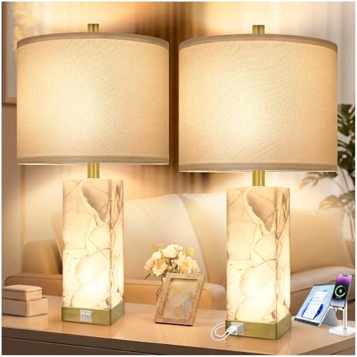 Scenekoy 23" Alabaster Table Lamps Set of 2 for Living Room Bedroom, Bedside Lamps with USB A+C Ports, Modern Table Lamp with Linen Shade for Living Room Bedroom Nightstand (Bulbs Included) - color: White-2