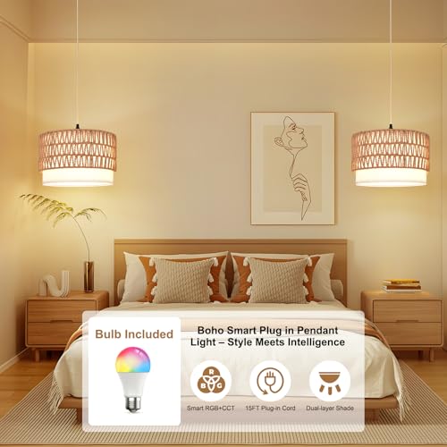 ZSLAIFU Hanging Lamp Plug in Pendant Light, 15FT Hanging Lights with Plug in Cord, Hanging Light with Smart RGBCCT Bulb and Remote, Hanging Lamps for Bedroom, Living Room, Kitchen, Farmhouse - color: Linen Rattan-White Shade