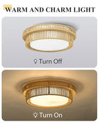 Boho Light Fixtures Ceiling 15W LED, HWH 13'' Woven Rattan Flush Mount Ceiling Light, Handwoven Twine Cage Light Fixtures 5CCT, 5HYS78F-LED - color: Beige, size: 13 Inch
