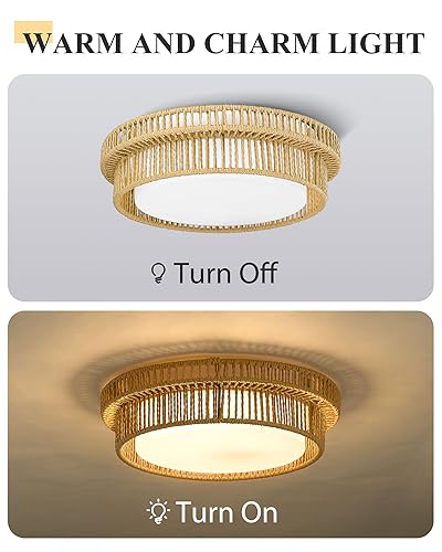 Boho Light Fixtures Ceiling 15W LED, HWH 13'' Woven Rattan Flush Mount Ceiling Light, Handwoven Twine Cage Light Fixtures 5CCT, 5HYS78F-LED - color: Beige, size: 13 Inch