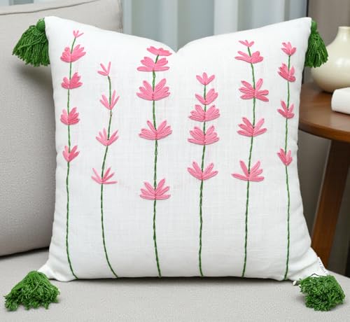 VAGMINE Embroidered Wildflower Floral 18x18 Throw Pillow Cover - White Pink Cotton Cushion with Tassel Corners for Sofa Couch Bed - Cottagecore Spring Decor - Daisy - color: Pink-daisy, size: 18" x 18" (Pack of 1)