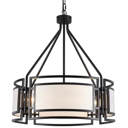 20'' Black Drum Chandeliers, 5Lights Black and White Drum Chandelier Modern Industrial Pendant Light Fixture, Adjustable Fabric Chandelier for Dining Room Kitchen Island Living Room Foyer E26 - color: 20InchBlack