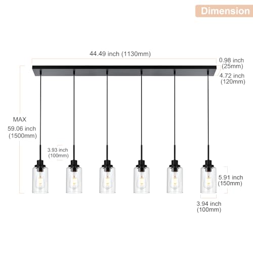 6-Lights Pendant Light Fixtures Ceiling, Modern Black Adjustable Hanging Lamp with Clear Glass Shades, Dining Room Kitchen Island Lighting E26 Bulb Base - color: Black, size: 6-Light