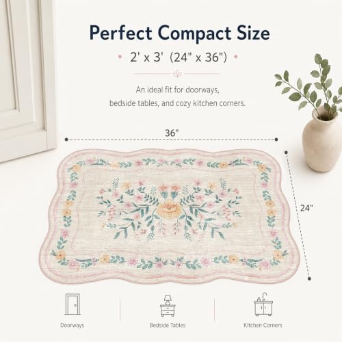 Scalloped Door Mat 2x3 Small Pink Floral Washable Entryway Rug | Soft Low Pile Non Slip Rug for Bedroom, Kitchen, Laundry Bathroom,Front Door Rug ,door mat - color: Pink Scalloped, size: 2' x 3' (Rectangular)