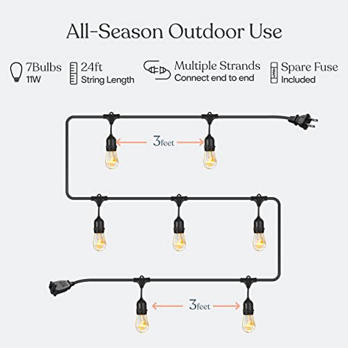 Brightech Ambience Pro Incandescent Outdoor String Lights - Commercial Grade Waterproof Patio Lights with 24 Ft Dimmable Edison Bulbs, Porch String Lights for Patio, Backyard, Christmas - 7 Bulbs 11W - size: 24 FT - 7 Bulbs