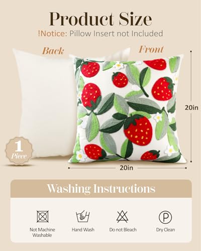 Embroidered Throw Pillow Cover - 20x20 Decorative Pillow Cover with Zipper Aesthetic Cute Design Boho Spring Summer Throw Pillowcase for Living Room Couch Sofa Bed, Leaf Strawberry - color: Leaf Strawberry, size: 20" x 20" (Pack of 1)