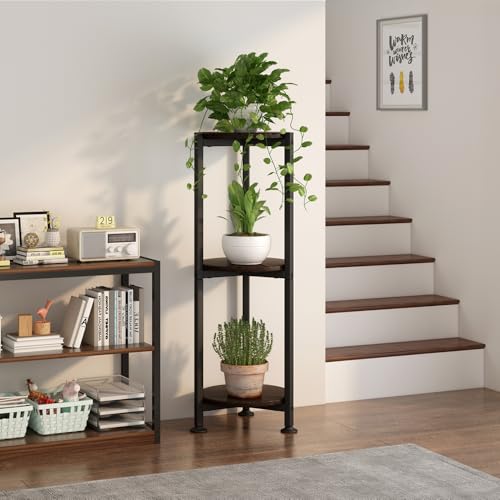 Plant Stand Indoor Outdoor 2 Tier Tall Metal Corner Storage Tiered Plant Shelf Holder Multiple for Living Room Balcony Garden,Black (3 Tier-Black Oak Round)