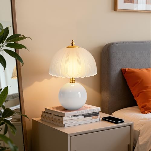 PARTPHONER Mushroom Table Lamp, Ceramic Bedside Lamp with Glass Shade, 3-Way Lighting (2700K-5000K) Rocker Switch, Small Nightstand Lamp for Bedroom, Living Room, Office, White - color: White