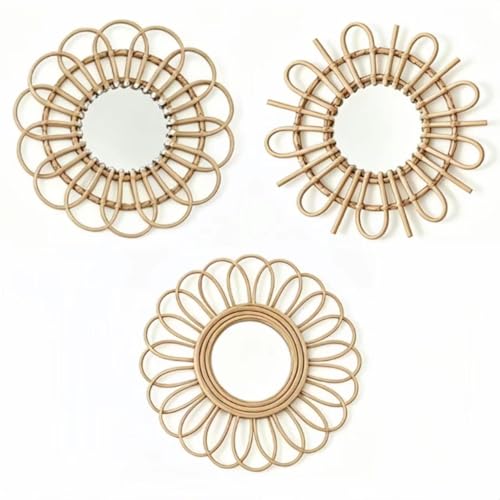 OYPEIP 3Pack 11" Rattan Innovative Art Decoration Round Makeup Mirror Dressing Bedroom Bathroom Wall Hanging Mirrors Craft Photo Props,Glass Decor