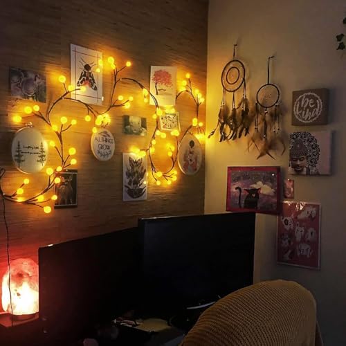Willow Vine Lights for Window Frame: 7.9Ft Decorations Willow Vine Fairy Lights for Wall Bedroom Fireplace Decor - 72 Warm LED Bendable DIY Enchanted Vines with Light for Living Room Decor - color: 72 spherical LED lights, brown vine, without remote contr