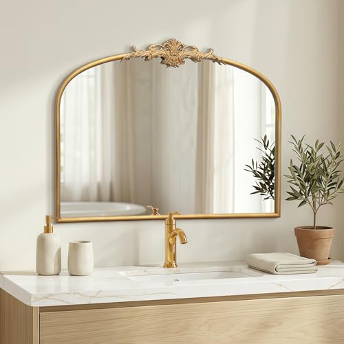 Besdomus Antique Arched Gold Mirror: 32"x24" French Large Gleaming Gold Antique Wall Mirror - Baroque Traditional Ornate for Fireplace/Bathroom/Bedroom - Ideal Gifts for Housewarming/Birthday - color: Gleaming Gold, size: 24"L x 32"W