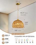 Rattan Pendant Light Fixtures, 9.8” Boho Woven Basket Pendant Light, Handmade Wicker Hanging Lamp, Rustic Wicker Chandelier for Kitchen Island, Dining Room, Living Room, Bedroom, E26 Base - color: 9.84″-Round