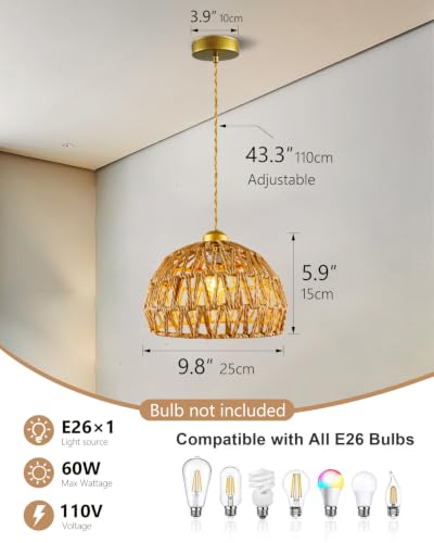 Rattan Pendant Light Fixtures, 9.8” Boho Woven Basket Pendant Light, Handmade Wicker Hanging Lamp, Rustic Wicker Chandelier for Kitchen Island, Dining Room, Living Room, Bedroom, E26 Base - color: 9.84″-Round