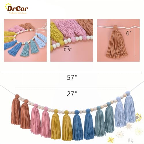 DrCor Boho Rainbow Tassel Garland – Earth Tone Classroom Decor for Bulletin Board, Reading Corner, Kids Room, Nursery, Teacher Classroom, Back to School & Birthday Decorations - color: Earth Rainbow