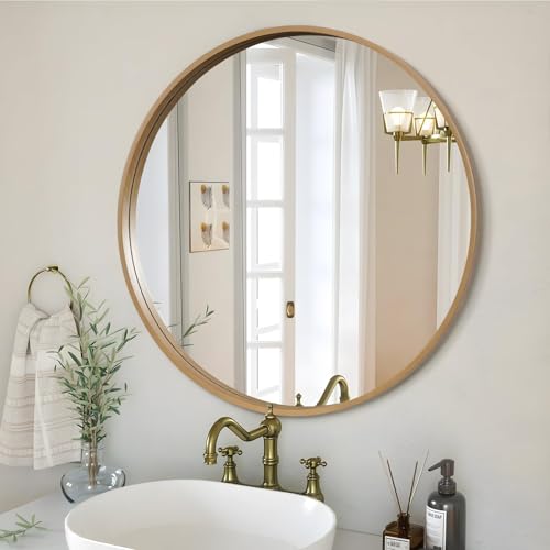 WallBeyond Round Wood Mirror, 32" Round Modern Decoration Large Circle Wall Mirror for Bathroom Living Room Bedroom Entryway, Honey - color: Honey, size: 32"L x 32"W
