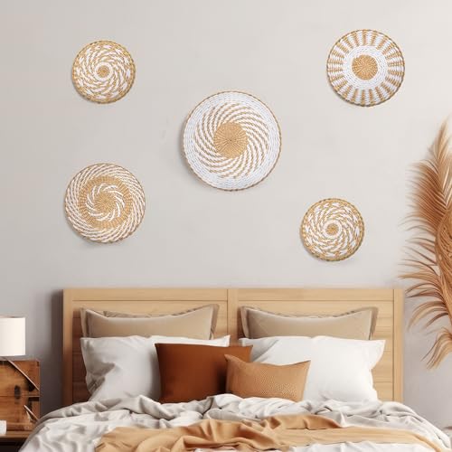 Crafts Central Boho Wall Basket Decor with Included Wall Hooks – Rattan Hand Crafted Wall Art - Bohemian Rustic Home Décor for Kitchen, Living Room, and Bedroom - Set of 5 Woven Baskets