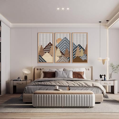 IARTTOP Large Mountain Wood Wall Art 16"x32"x3 Abstract Forest Wall Sculpture Geometric Boho Sunset Wilderness Artwork for Bedroom Living Room Office - color: Brown Framed Mountain, size: 16 x 32 inches