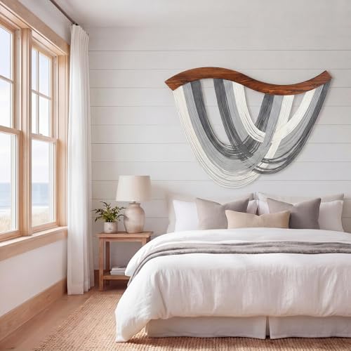 Mindsoft Neutral Grey Macrame Wall Hanging Dip Dyed Yarn Wall Art, Boho Decor Handmade Cotton Rope Tapestry for Bedroom, Living Room, Nursery, 31.5 x 23.6 Inch - color: Cool Tone Neutral
