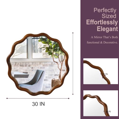 30" Wavy Round Wall Mirror with Solid Wood Frame, Country Irregular Decorative Mirror for Bathroom, Bedroom, Living Room & Entryway, HD Tempered Glass, No Distortion Vanity Mirror (Walnut, 30") - color: Walnut, size: 30"L x 30"W