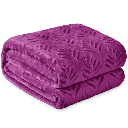 Exclusivo Mezcla King Size Fleece Blanket for Bed, Super Soft and Cozy Blankets All Season Use, Leaves Pattern, Plush Fuzzy Lightweight, Purple, 90x104 Inch - color: Purple, size: King(90"x104")