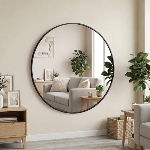 OLIXIS 28 Inch Black Round Bathroom Wall Mirror, Round Bathroom Mirrors for Over Sink, Circle Mirror with Tempered Glass for Home Decor, Entryway, Bedroom, Vanity, Shatterproof& Crystal-Clear - color: Black-round, size: 28"L x 28"W