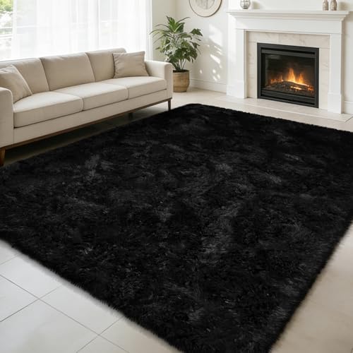 Shag Area Rug for Bedroom 4x6,Black Fluffy Area Rugs for Living Room,Soft Fuzzy Rug Non-Shedding Indoor Plush Carpet for Kids Bedroom Nursery Dorm Home Decor - color: Black, size: 4' x 6' (Rectangular)