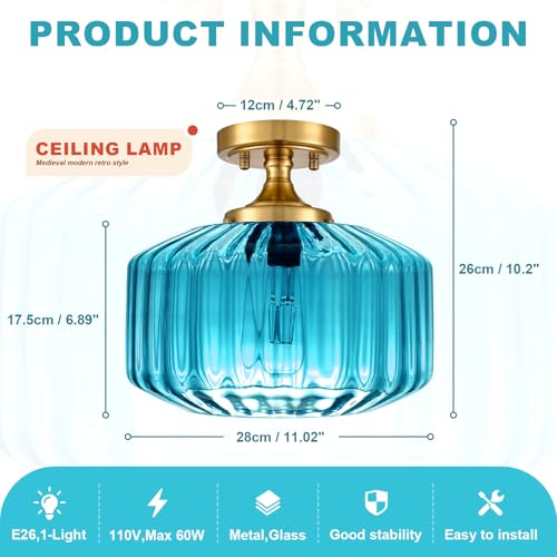 Antique Blue Close to Ceiling Fixture, 11 Inch Easy Install Semi Flush Ceiling Light, Glass Ceiling Light for Bathroom Laundry Coastal Apartment Hallway - color: Blue