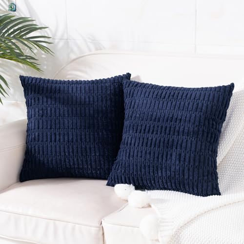 Pack of 2 Corduroy Decorative Throw Pillow Covers 16x16 Inch Soft Boho Striped Pillow Covers Modern Farmhouse Home Decor for Summer Coastal Sofa Living Room Couch Bed Dark Blue - color: Navy Blue, size: 16" x 16" (Pack of 2)